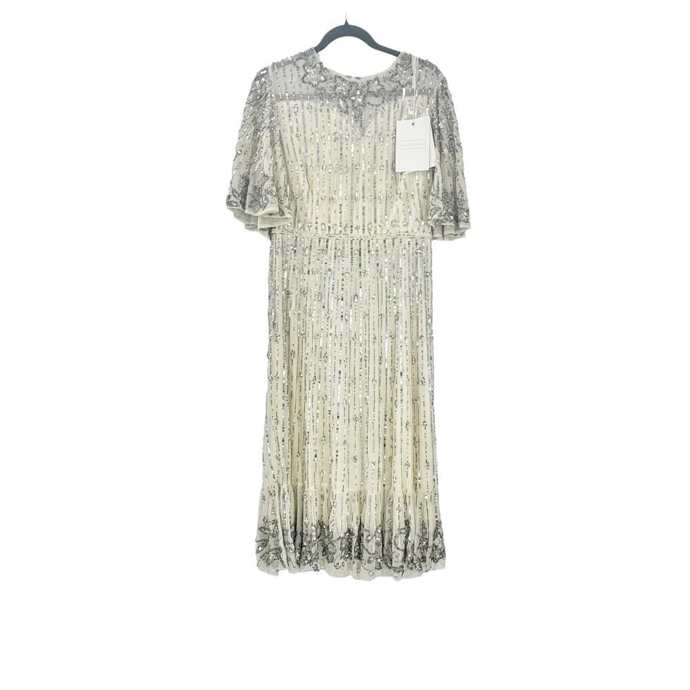 Mac Duggal Women's Nude Silver Sequined Flounce Sleeve Midi Dress Size 6 NWT - Picture 13 of 13